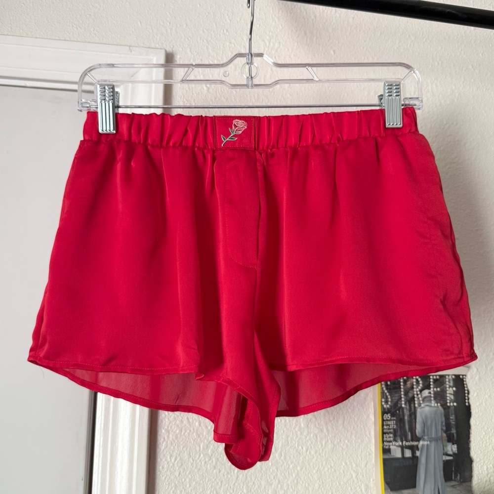 FOR LOVE & LEMONS red semi sheer‎ rose floral elastic waist high rise shorts